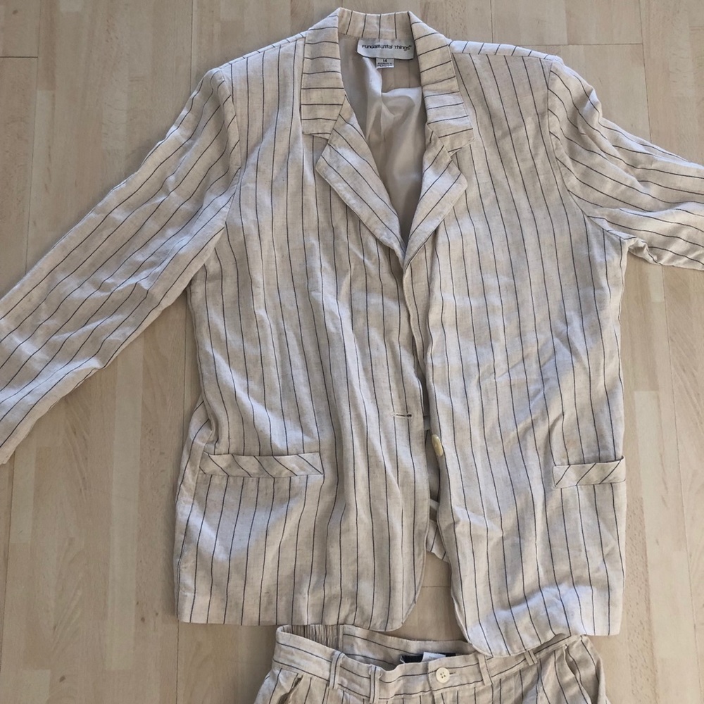 Coastal white linen suit with white stripes